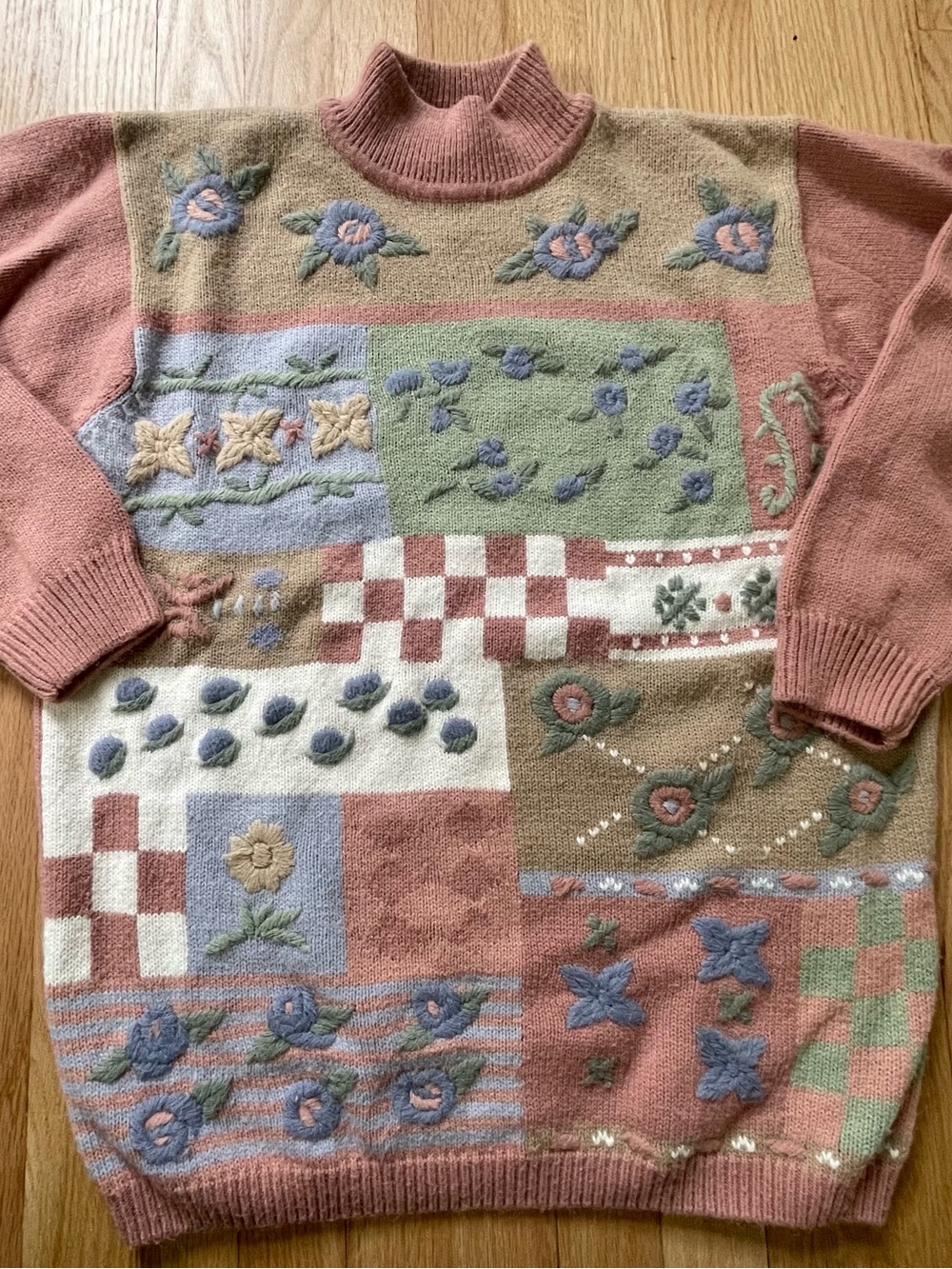Patchwork Floral Pastel Mock-Neck Sweater